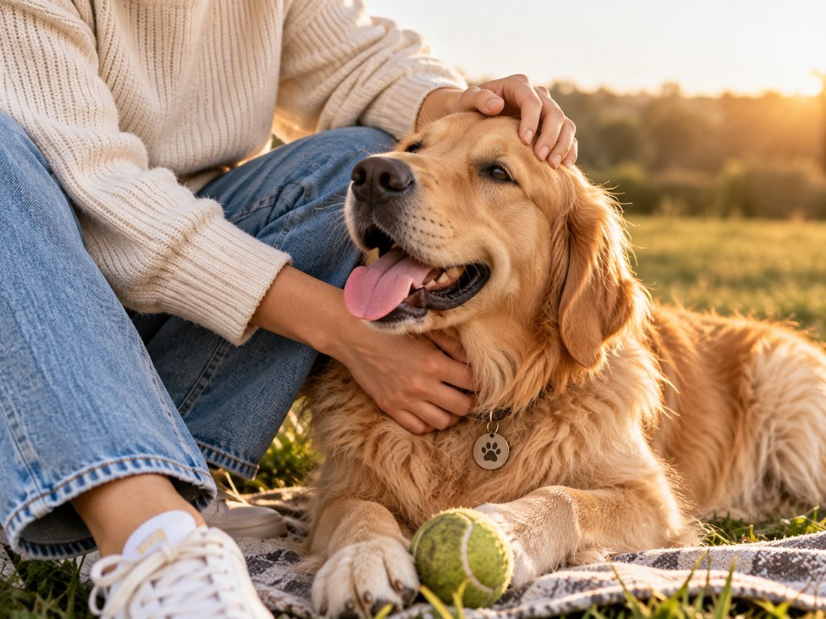 Owner petting a golden retriever outdoors