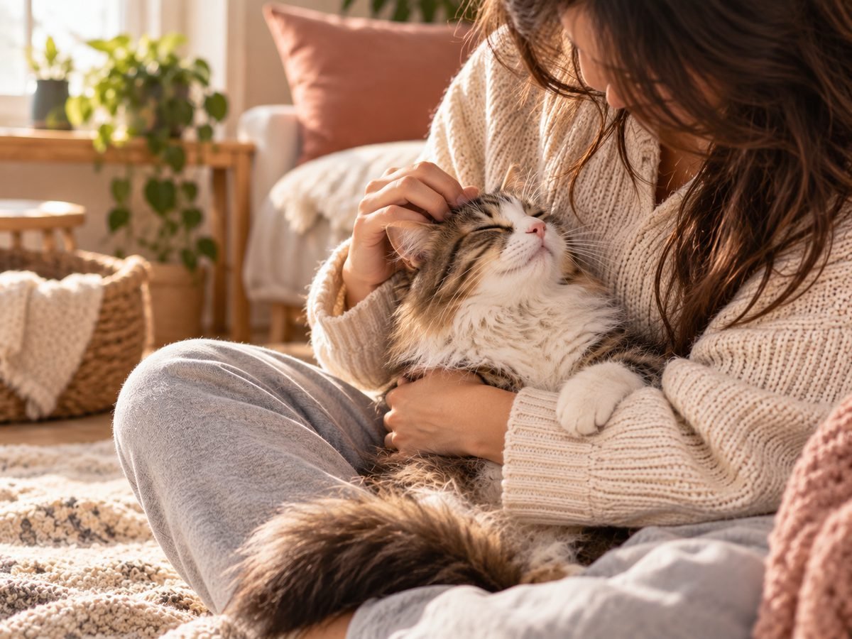 Woman holding her cat at home