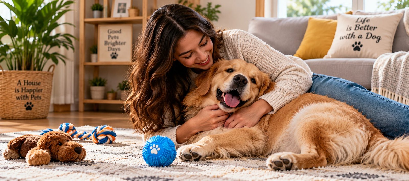 Woman relaxing on a rug with her golden retriever