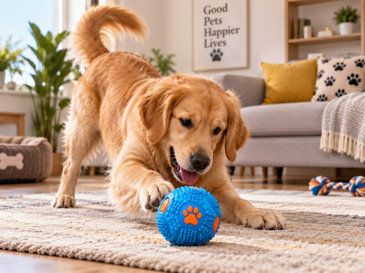 Golden retriever playing with a blue ball in a living room