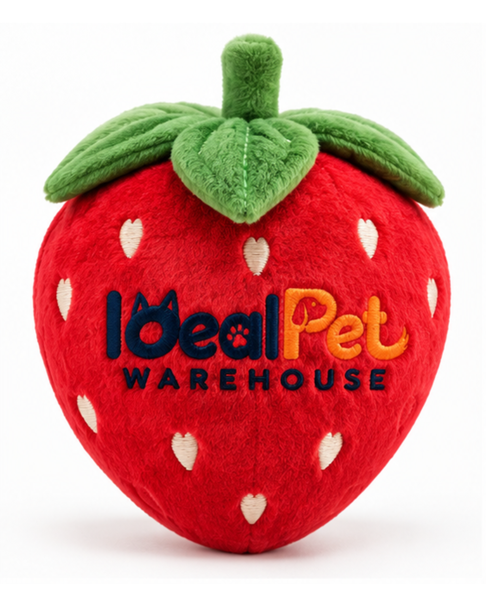 Red strawberry catnip plush cat toy, front view with embroidered logo and cream seed details