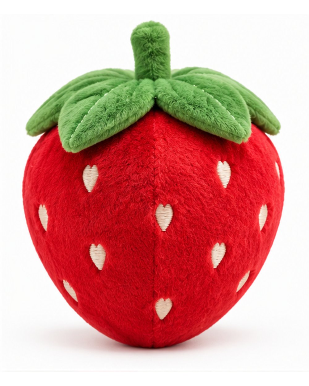 Red strawberry catnip plush cat toy, back view with green leaf cap and stalk