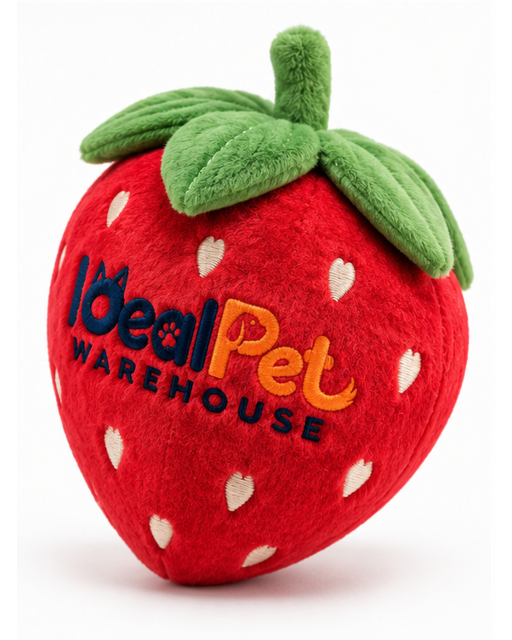 Red strawberry catnip plush cat toy, angled view showing the sewn green leaves