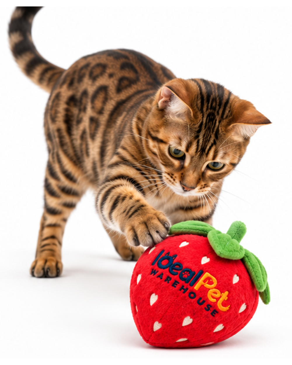 Bengal cat batting the red strawberry catnip plush toy with a paw