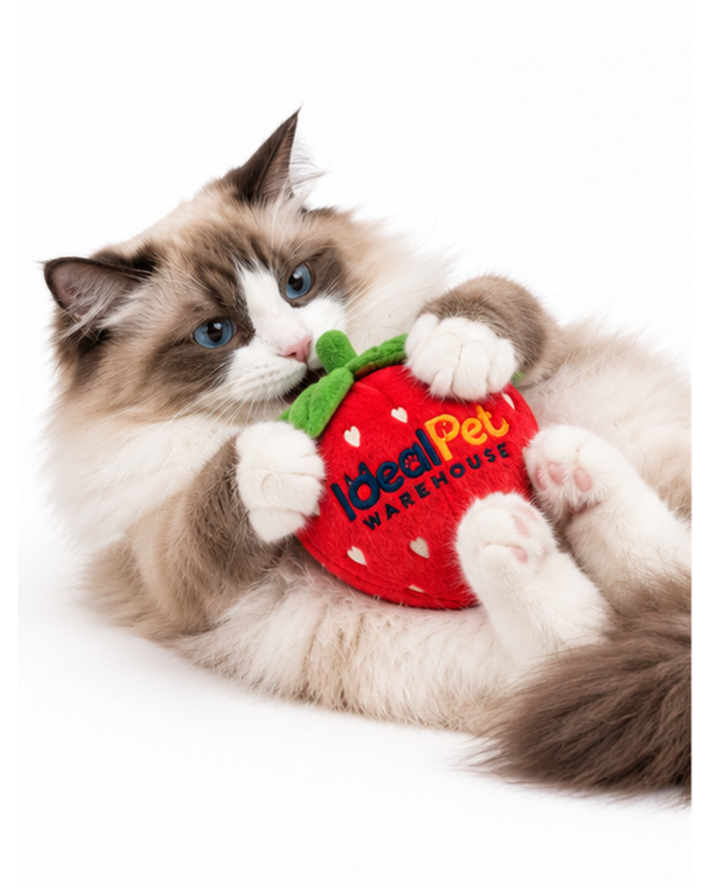 Ragdoll cat on its back holding the red strawberry catnip plush toy