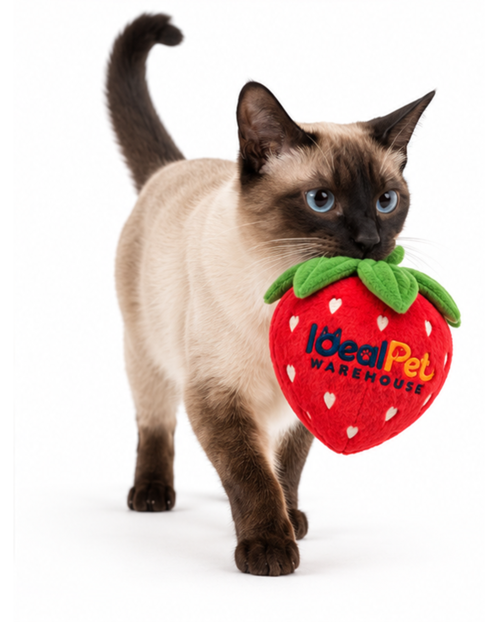 Siamese cat carrying the red strawberry catnip plush toy in its mouth