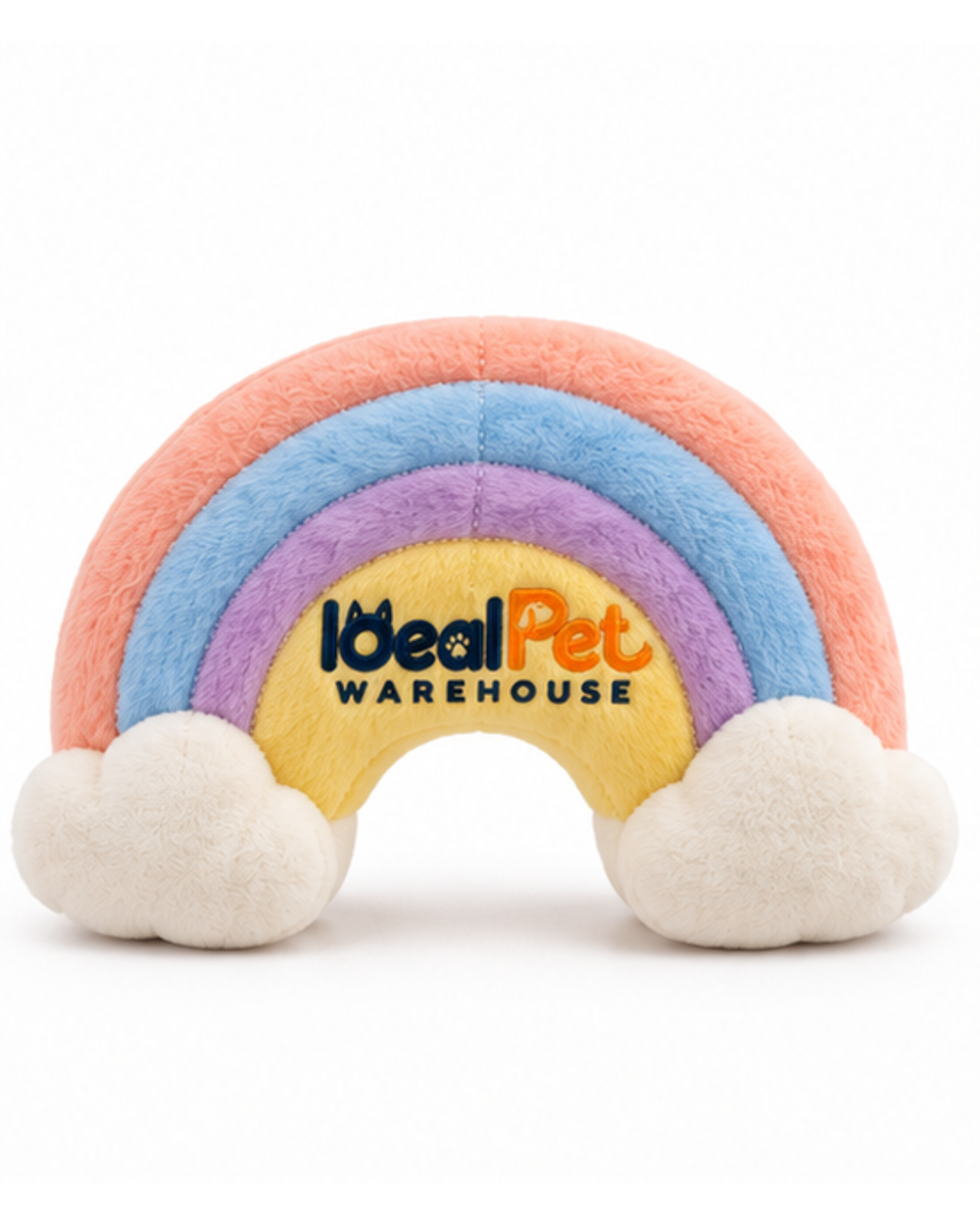 Pastel rainbow crinkle plush cat toy, front view with embroidered logo on the yellow band