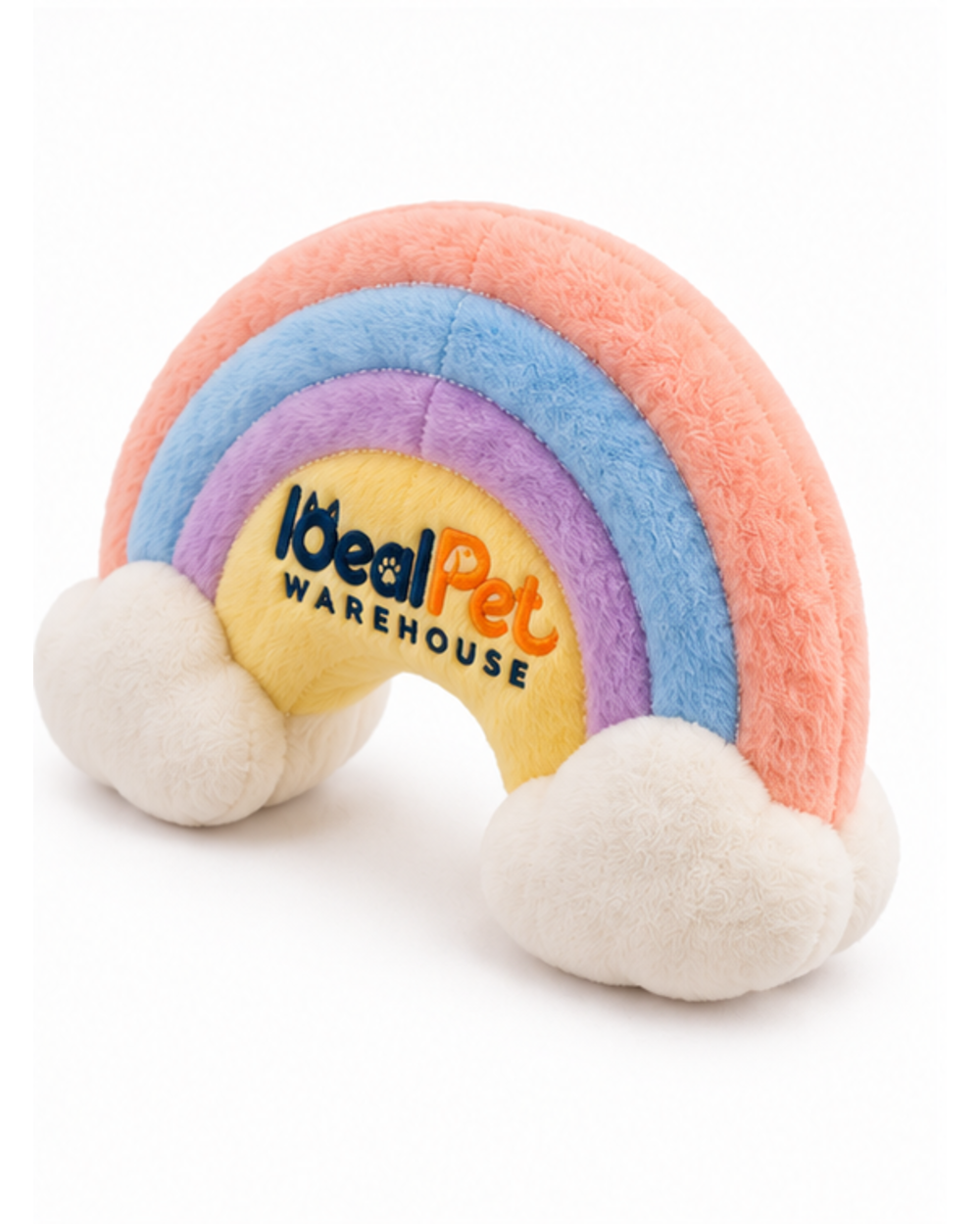 Pastel rainbow crinkle plush cat toy, angled view of the peach, blue and lavender bands