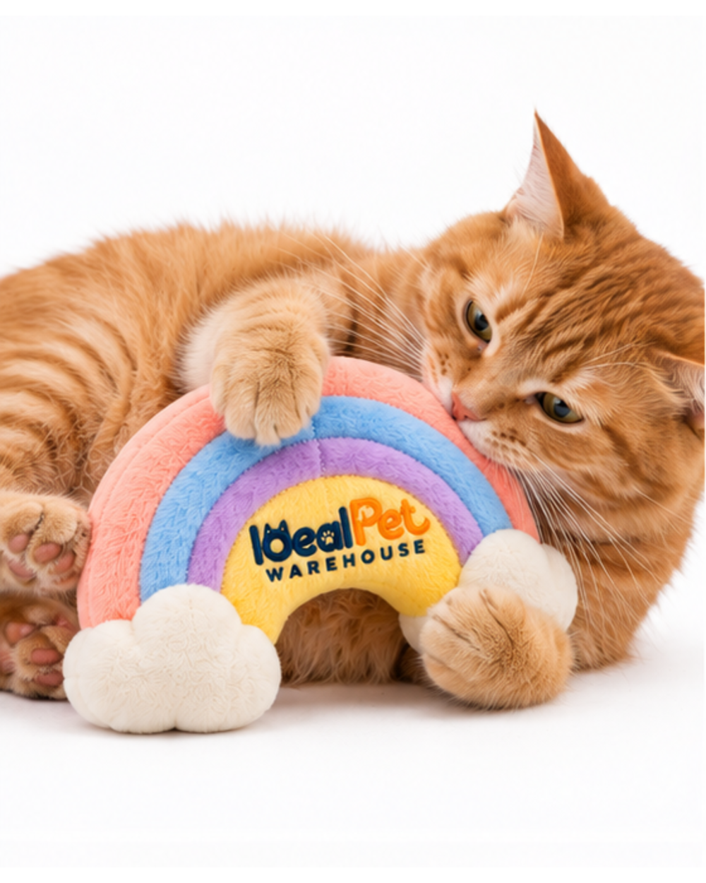 Orange tabby cat hugging the pastel rainbow crinkle plush toy