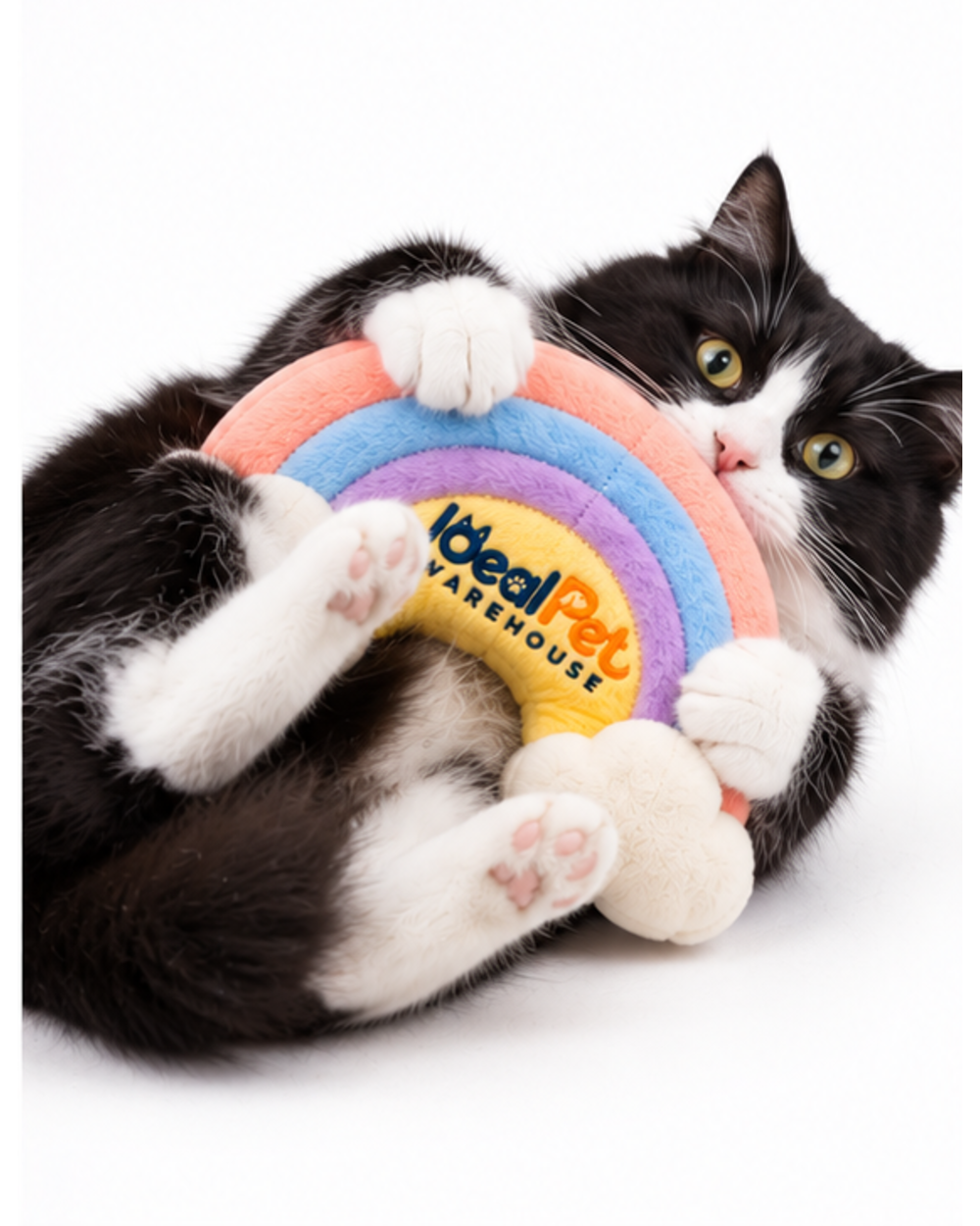 Black and white cat lying on its back holding the rainbow crinkle plush toy