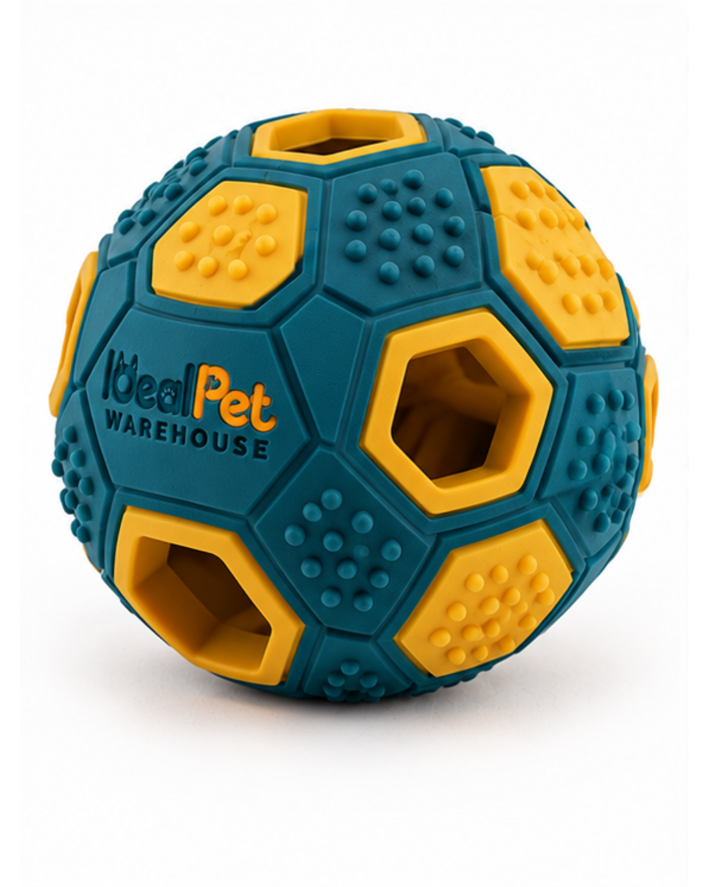 Teal and yellow rubber treat-dispensing dog toy, angled view showing the hexagonal openings