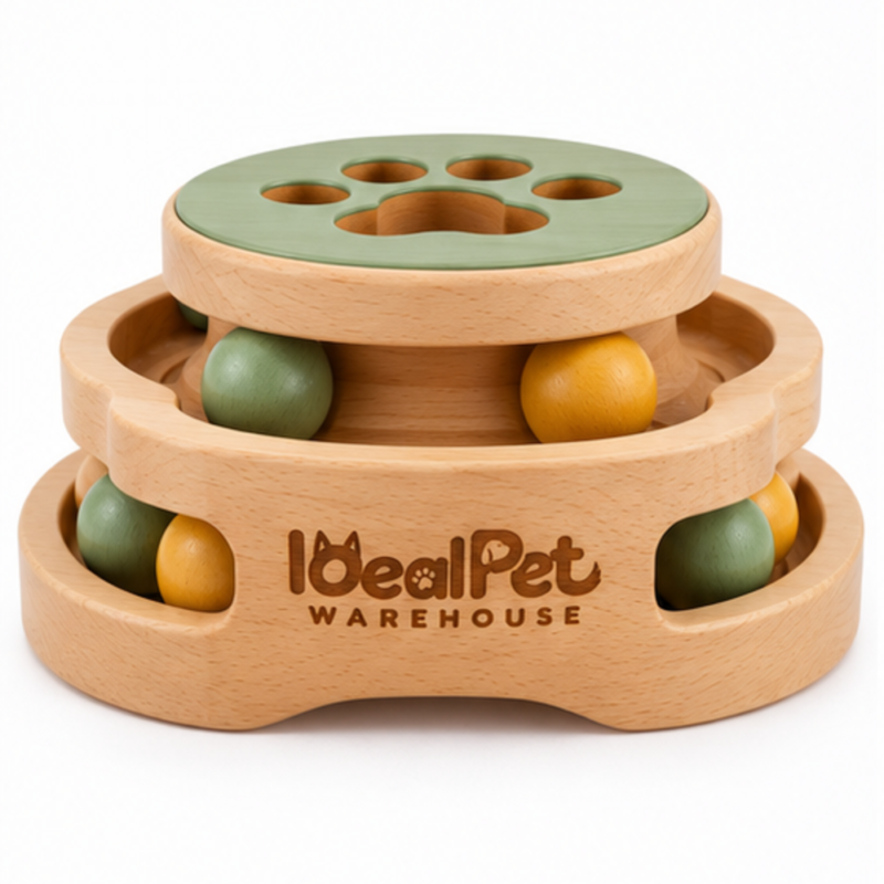 Ideal Pet Warehouse Paw Print Wooden Sliding Ball Puzzle Cat Toy - Natural/Sage Green
