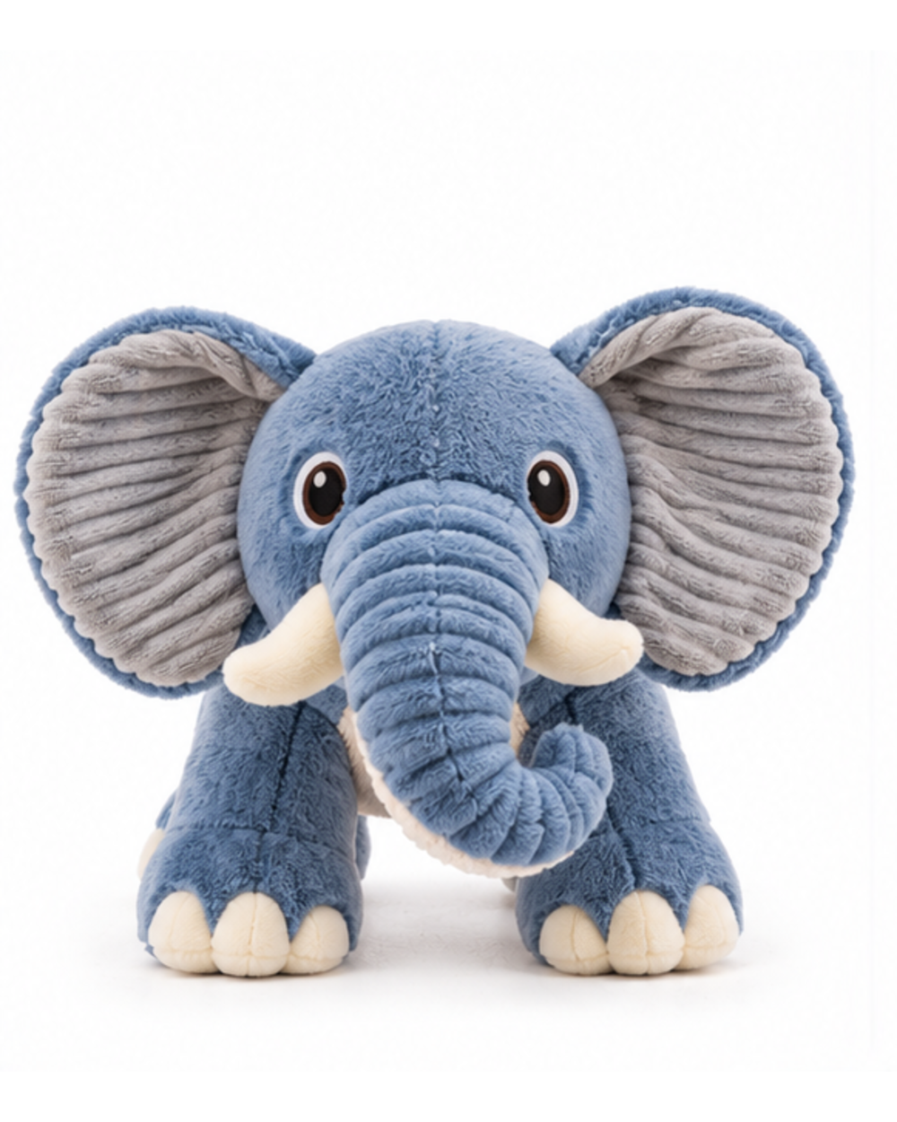 Blue plush squeaky elephant dog toy, front view with trunk, tusks and gray-lined ears
