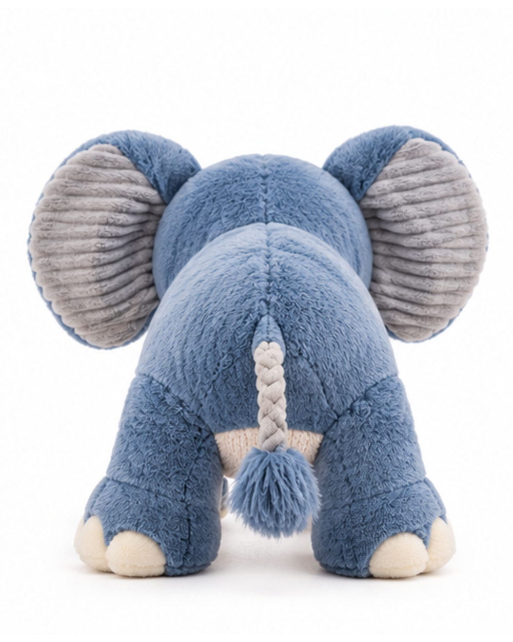 Blue plush squeaky elephant dog toy, back view with braided tail