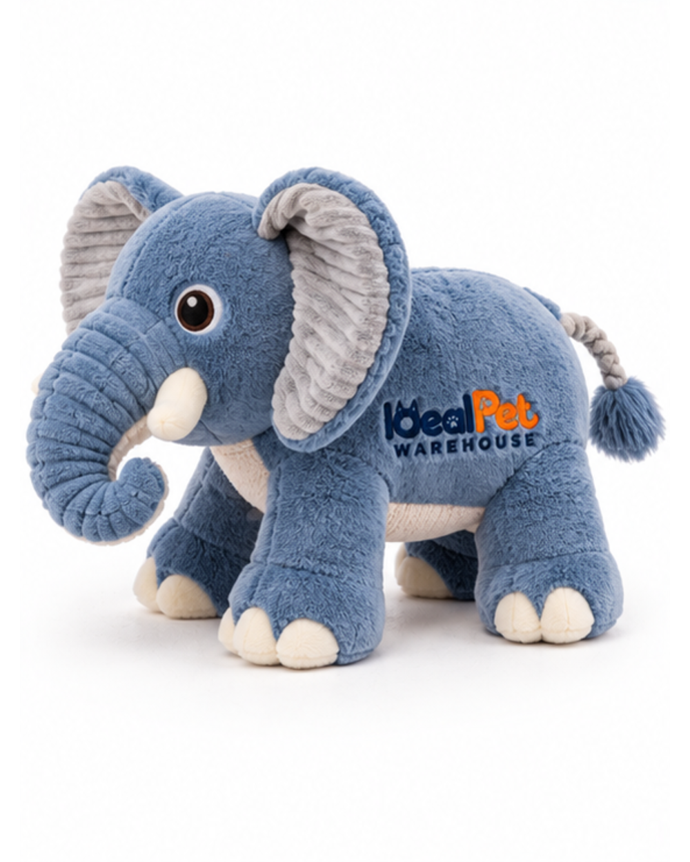 Blue plush squeaky elephant dog toy, side view with embroidered logo
