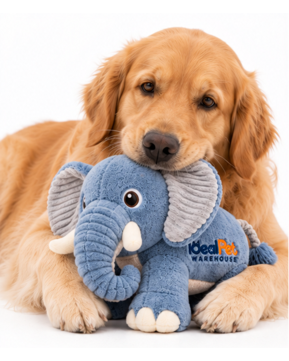 Golden retriever resting its head on the blue plush elephant toy