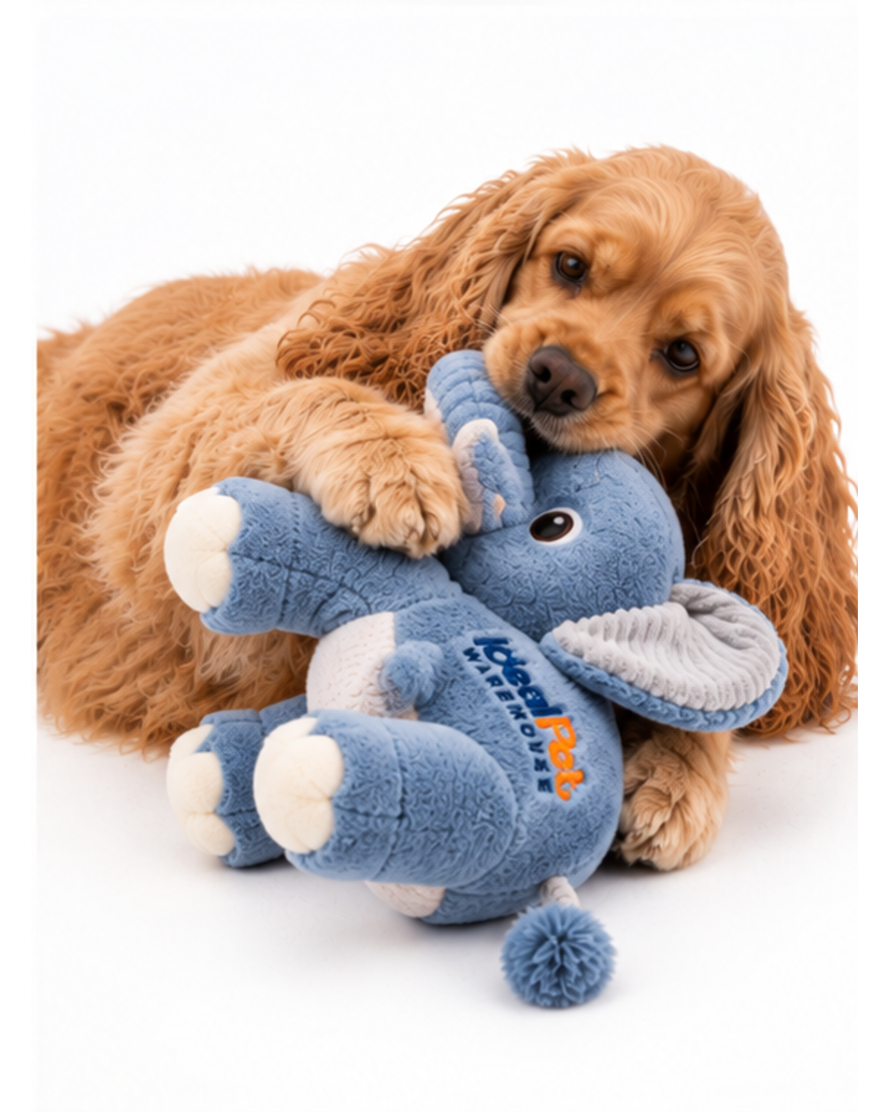 Cocker spaniel lying with the blue plush elephant toy between its paws