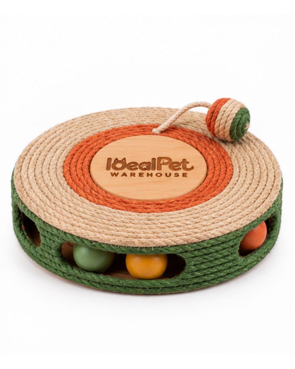 Round sisal scratching disc cat toy, top and front view with engraved wooden center