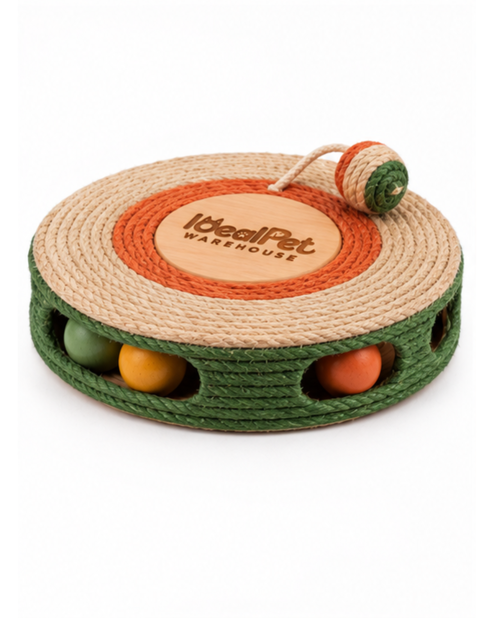 Round sisal scratching disc cat toy, angled view with balls behind the green side openings