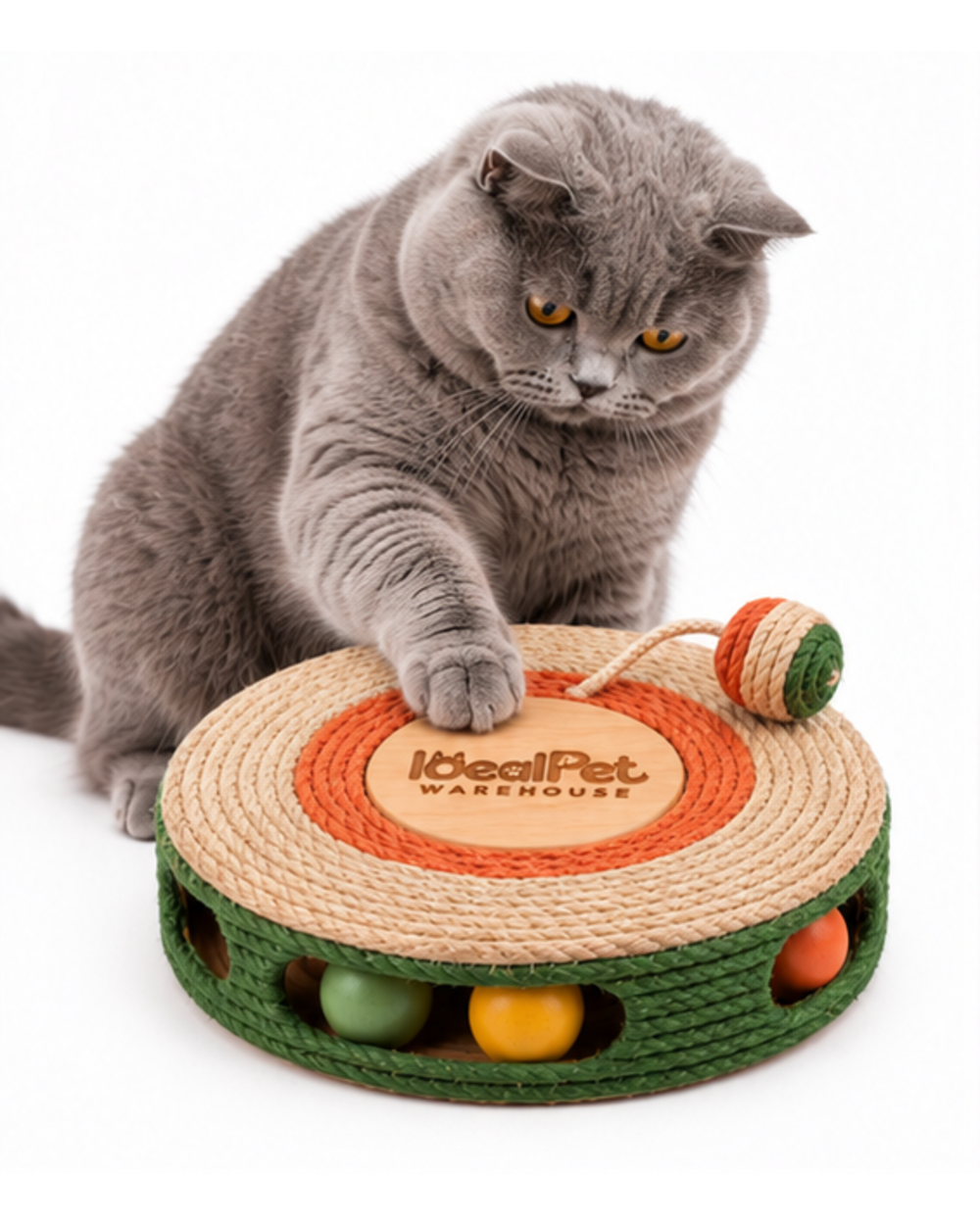 Gray British Shorthair cat pawing the sisal scratching disc toy