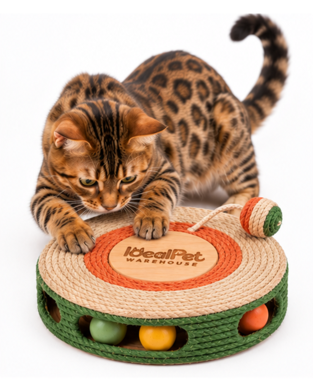 Bengal cat scratching the top of the round sisal disc toy