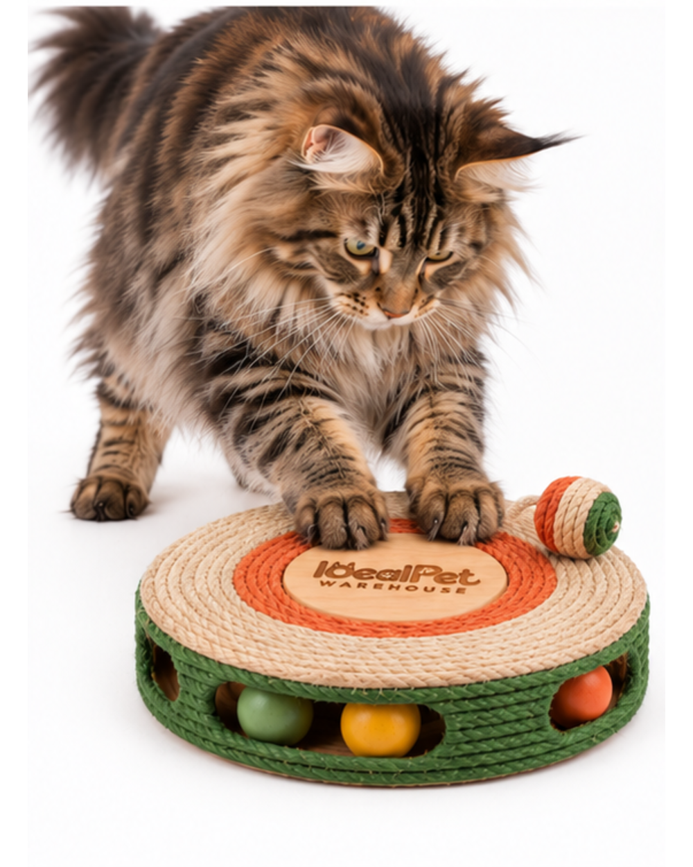 Maine Coon cat with both paws on the sisal scratching disc toy