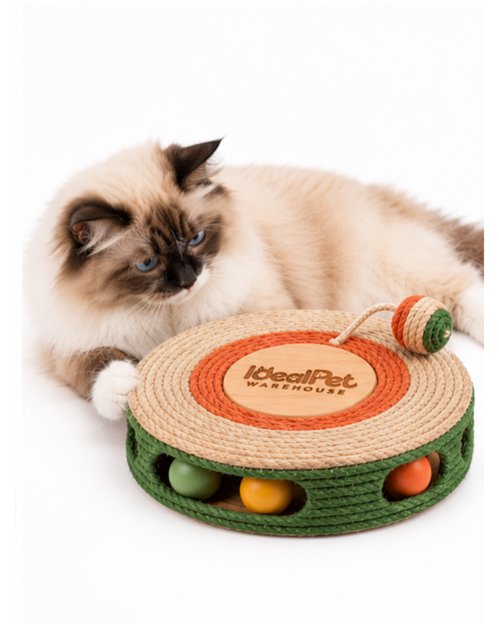 Ragdoll cat lying beside the round sisal scratching disc toy
