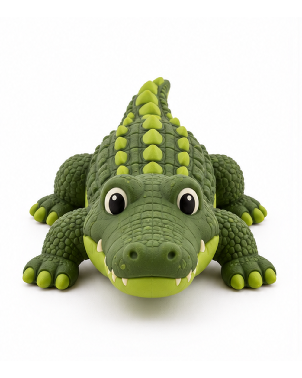 Green natural rubber crocodile dog chew toy, front view of the face with molded eyes and teeth