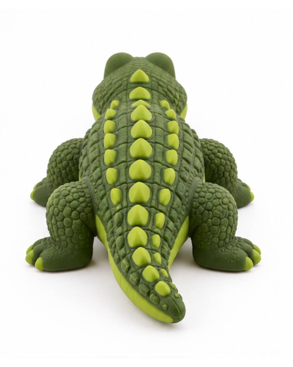 Green rubber crocodile dog chew toy, back view with lime green raised scales