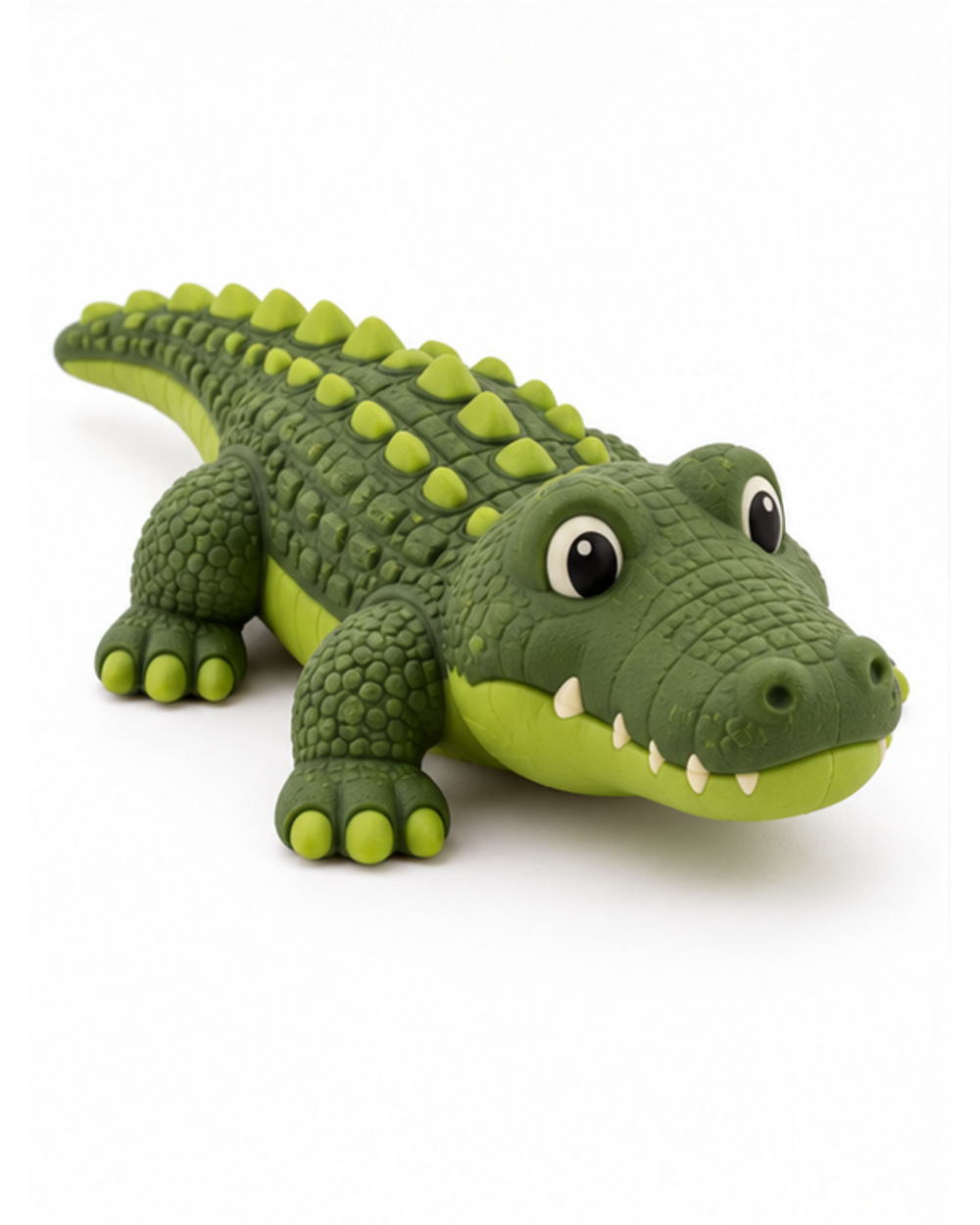 Green rubber crocodile dog chew toy, side view of the full body and tail