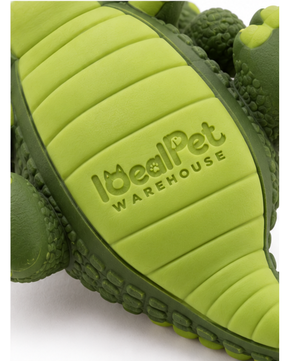 Close-up of the recessed logo on the lime green belly of the rubber crocodile toy