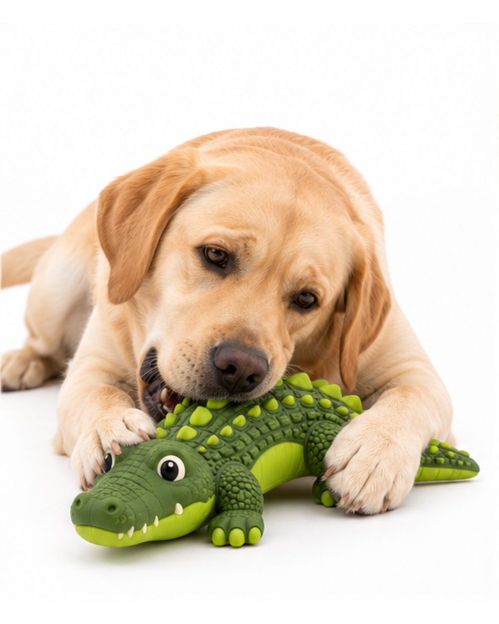 Yellow Labrador chewing the green rubber crocodile toy while lying down