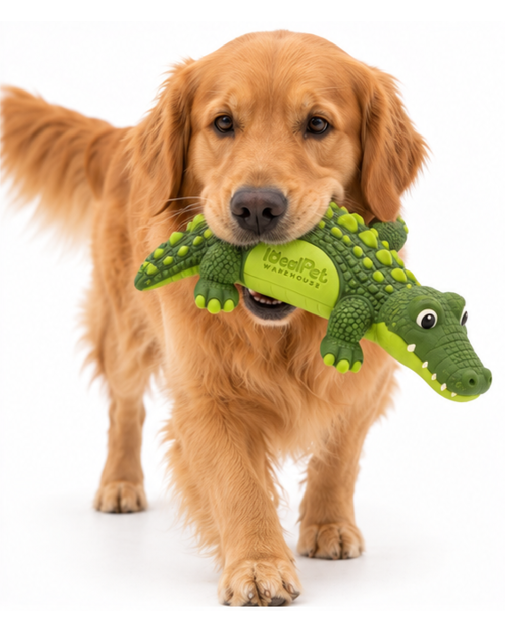 Golden retriever carrying the green rubber crocodile chew toy