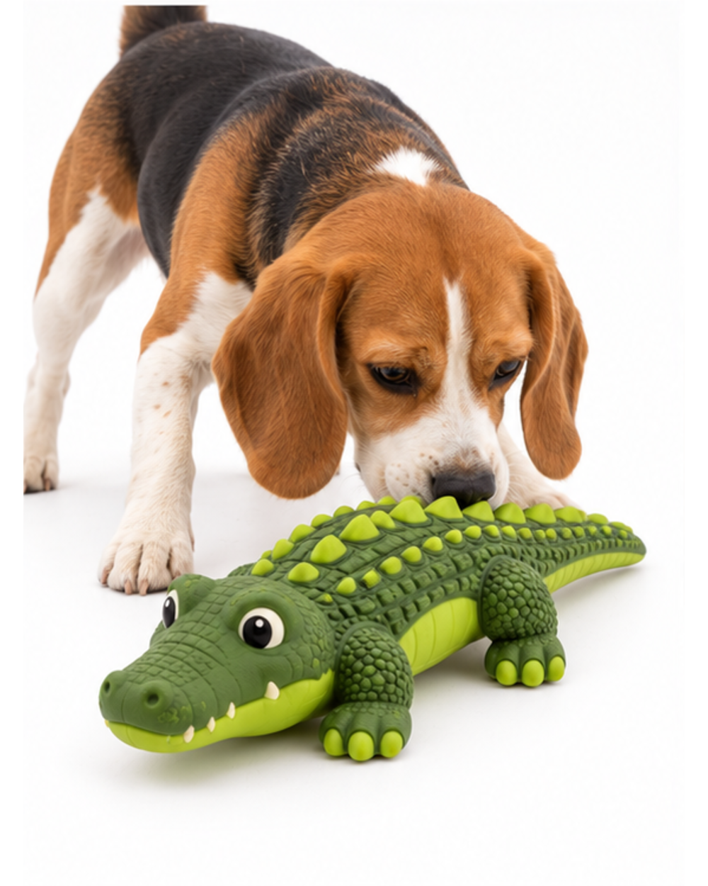 Beagle sniffing the green rubber crocodile chew toy on the floor