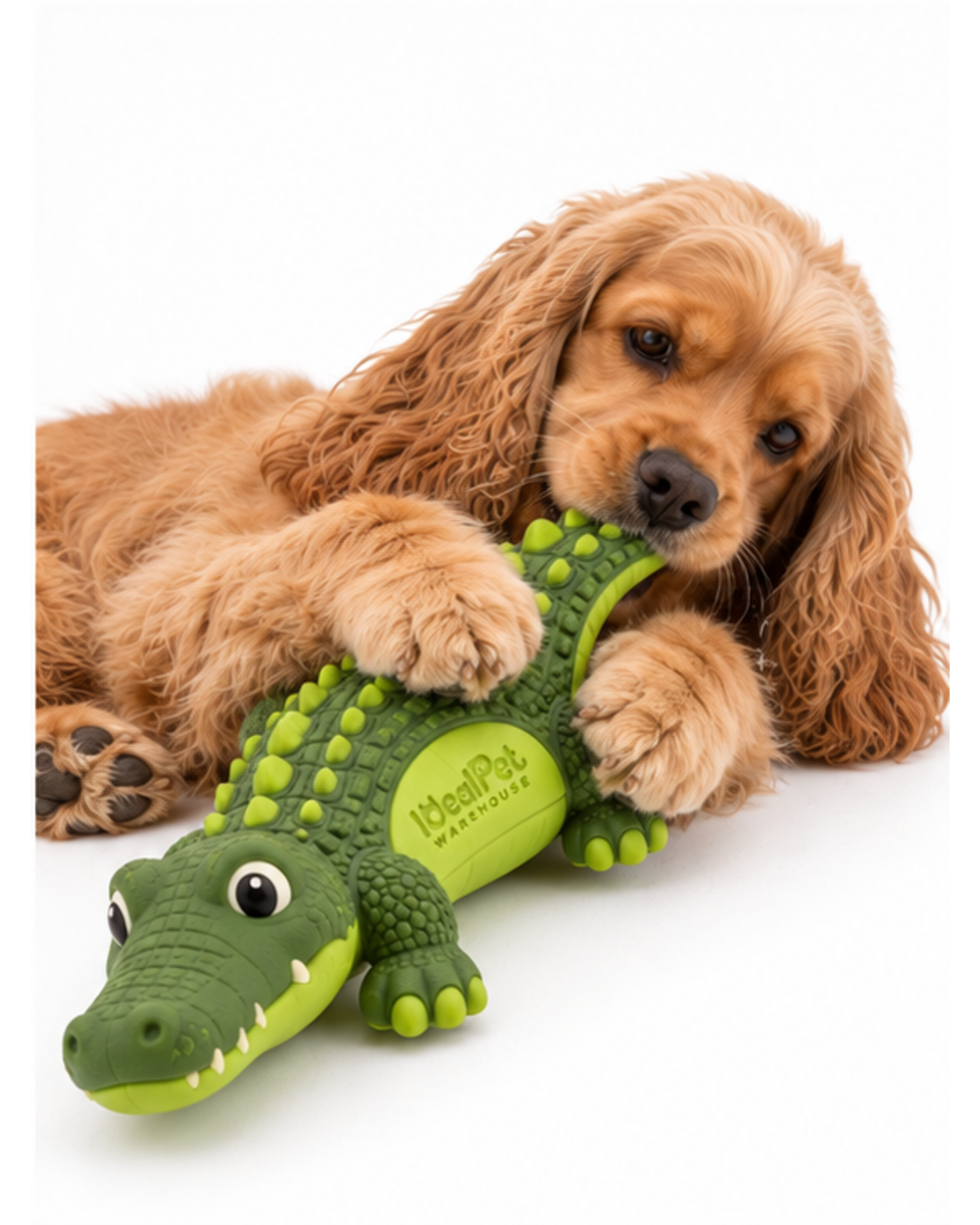 Cocker spaniel holding the green rubber crocodile chew toy between its paws